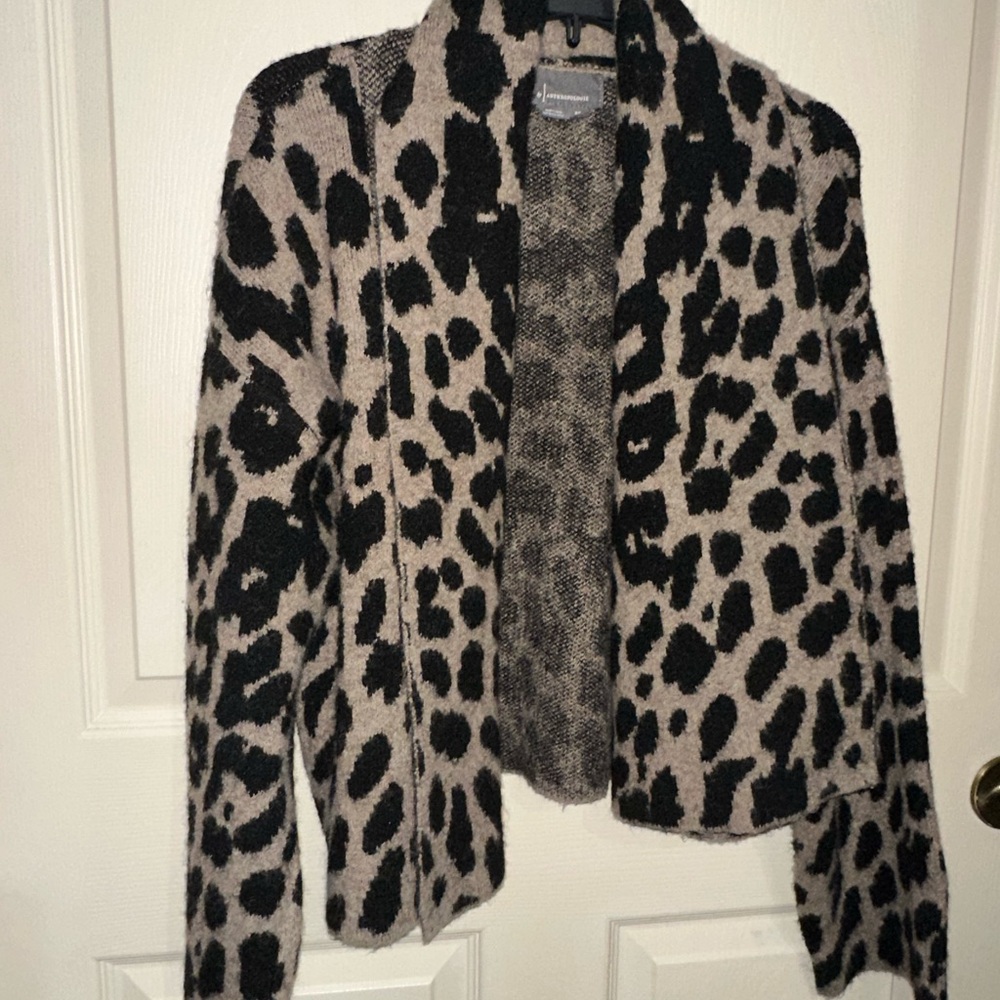 Anthropologie Black and Tan cheetah animal print open front cardigan sweater OS